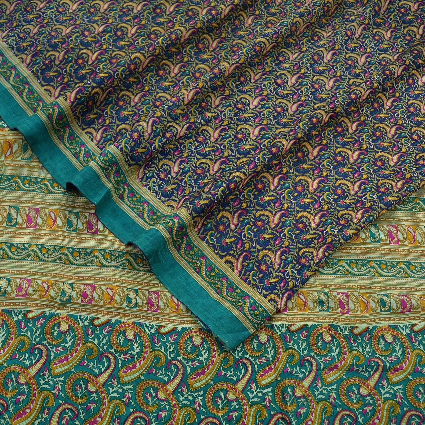 Indian Vintage Sari Green & Blue 100% Pure Silk Printed Sarees 5yd Sewing Craft Fabric Dress Making Soft Wrap Crafting Quilting Upcycle