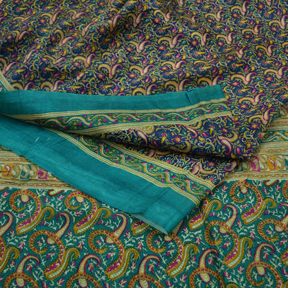 Indian Vintage Sari Green & Blue 100% Pure Silk Printed Sarees 5yd Sewing Craft Fabric Dress Making Soft Wrap Crafting Quilting Upcycle