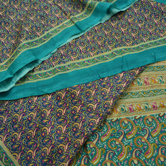 Indian Vintage Sari Green & Blue 100% Pure Silk Printed Sarees 5yd Sewing Craft Fabric Dress Making Soft Wrap Crafting Quilting Upcycle