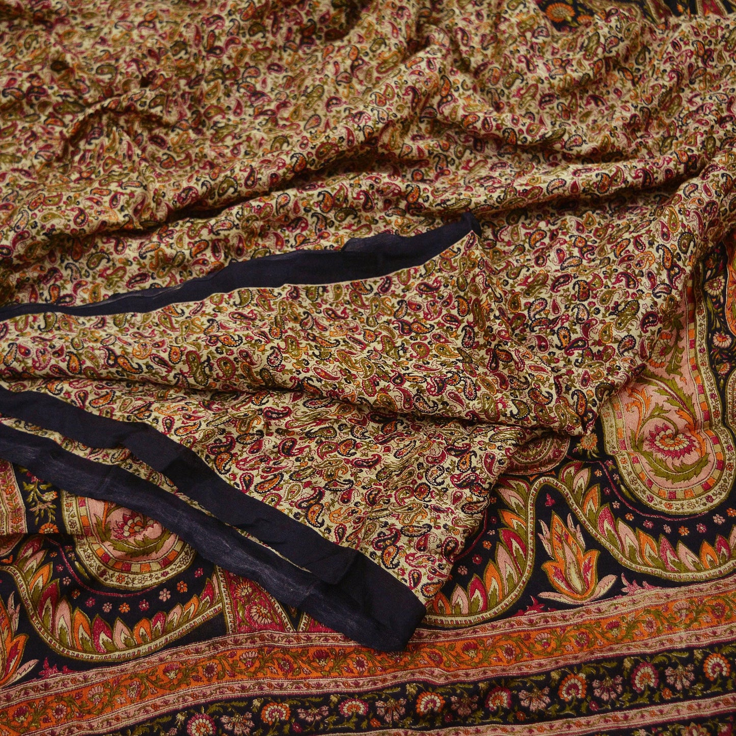 Indian Vintage Black & Beige Saree Pure Silk Block Printed Sari Craft Fabric 5yd Sewing DressMaking Soft Floral Quilting Crafting Upcycle