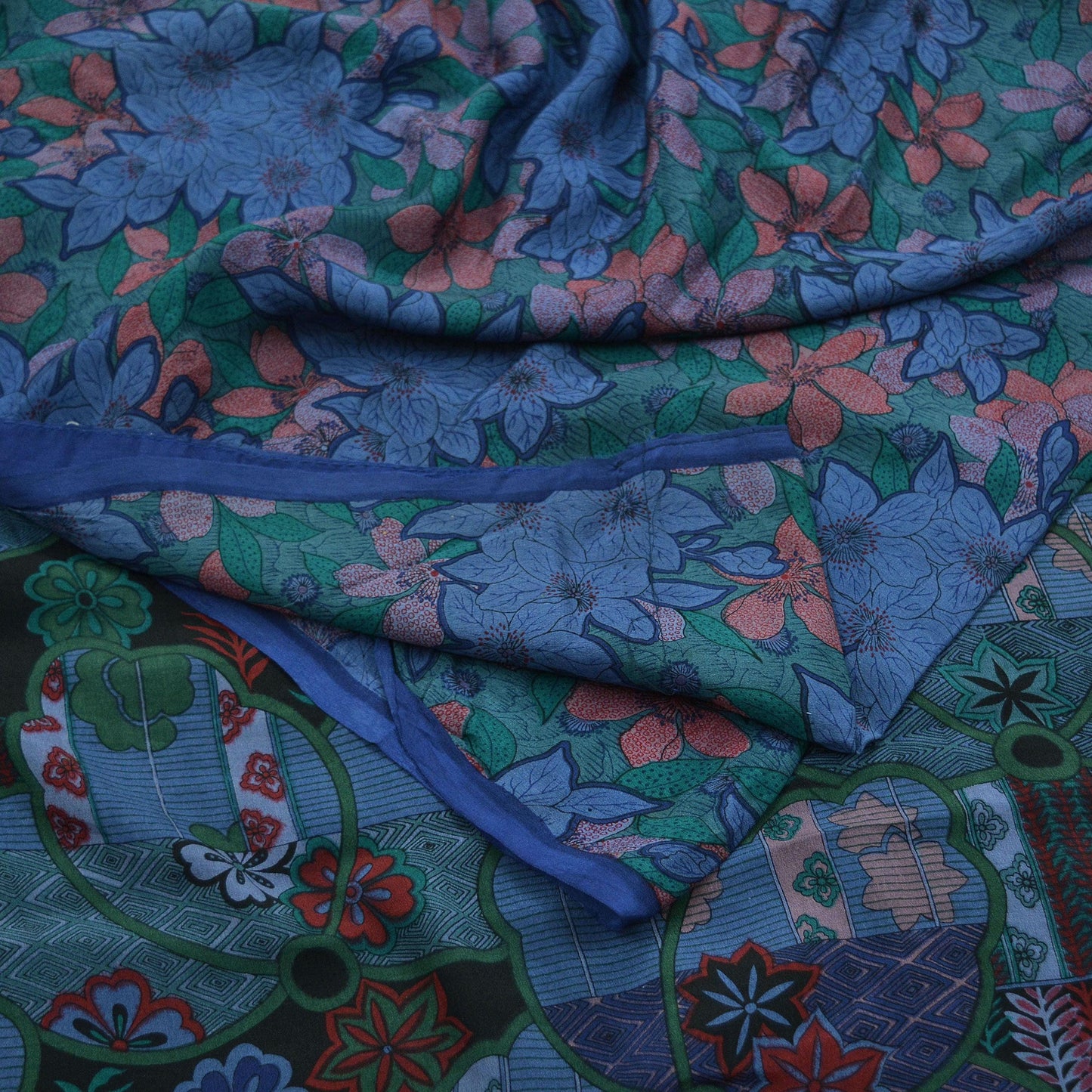 Indian Vintage Sari Blue Pure Silk Printed Saree Fabric 5yd Sewing Craft Fabric Dress Making Soft Wrap Floral Crafting Quilting Upcycle