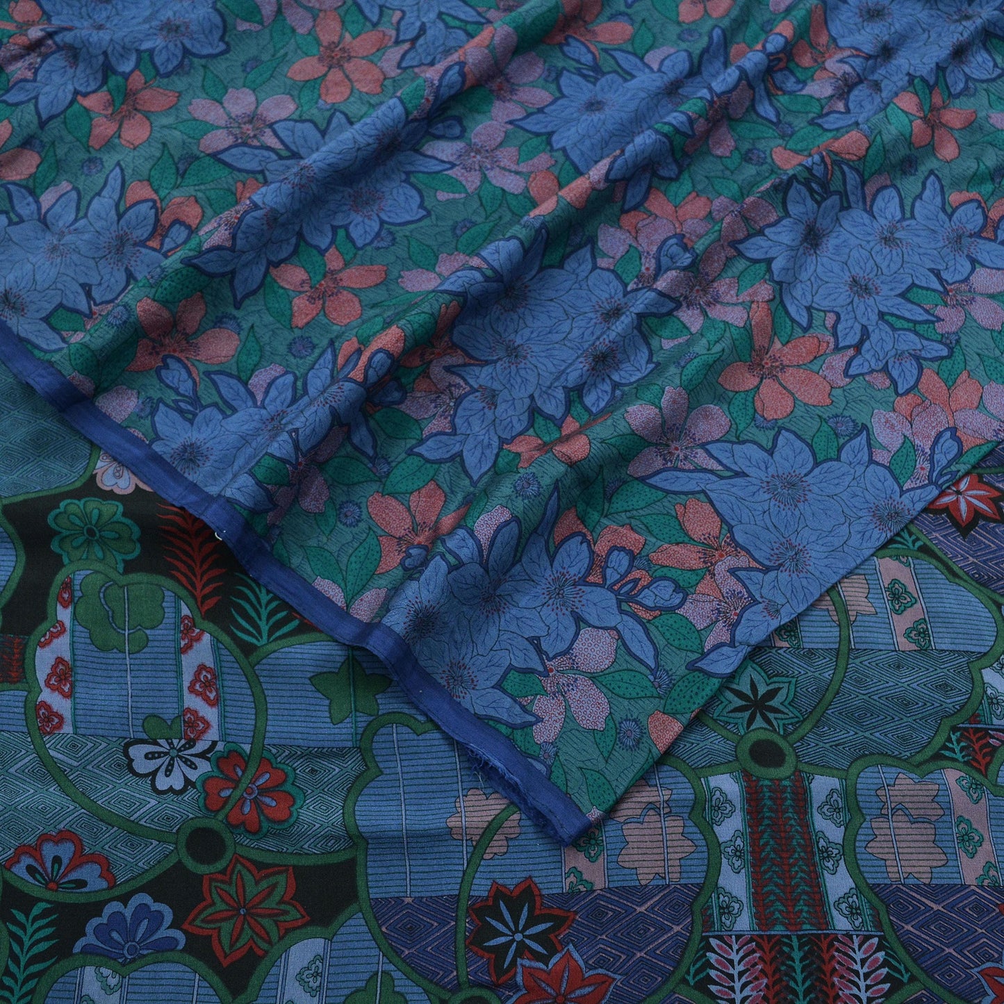 Indian Vintage Sari Blue Pure Silk Printed Saree Fabric 5yd Sewing Craft Fabric Dress Making Soft Wrap Floral Crafting Quilting Upcycle