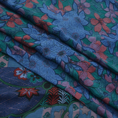 Indian Vintage Sari Blue Pure Silk Printed Saree Fabric 5yd Sewing Craft Fabric Dress Making Soft Wrap Floral Crafting Quilting Upcycle