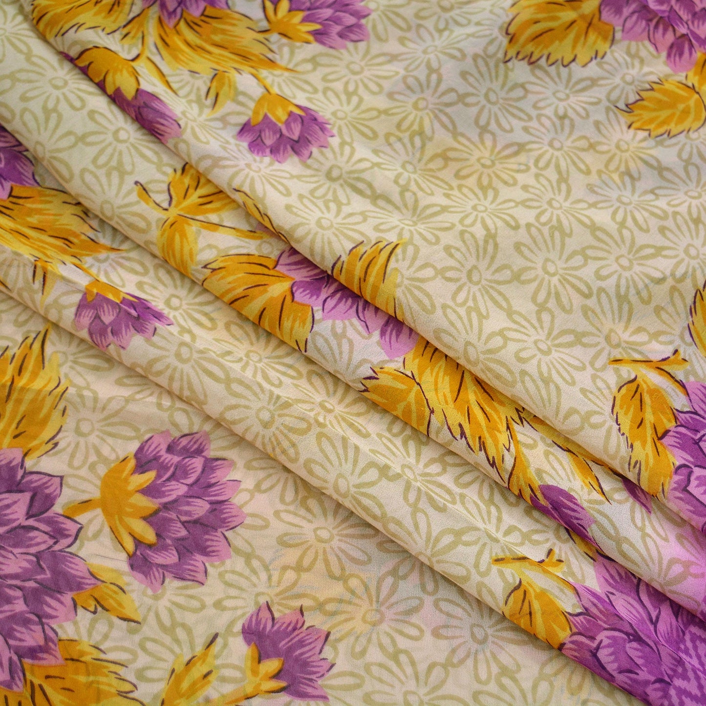 Indian Vintage Sari Purple & Beige Pure Georgette Silk Printed Sarees Craft Fabric Sewing 5Yd Soft Dress Making Crafting Quilting Upcycle