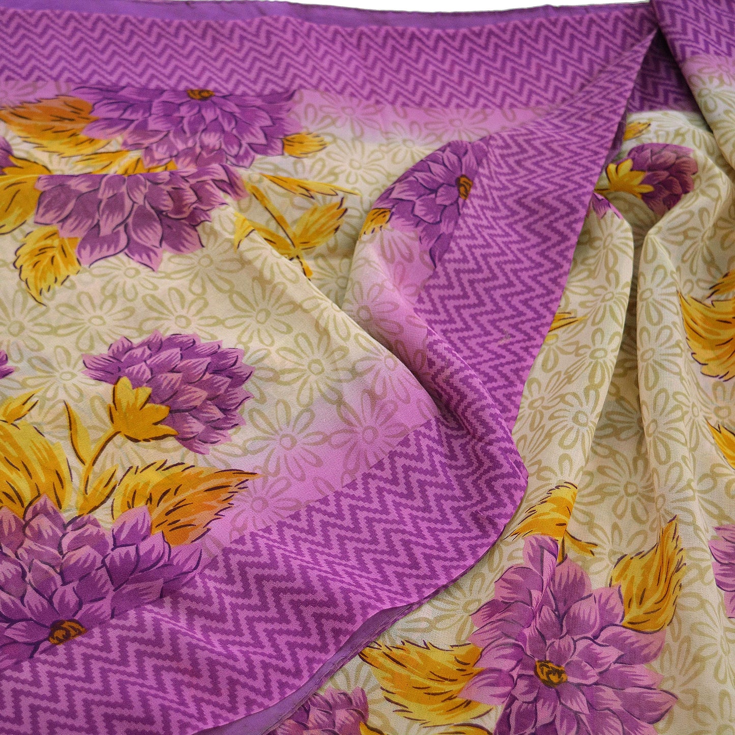 Indian Vintage Sari Purple & Beige Pure Georgette Silk Printed Sarees Craft Fabric Sewing 5Yd Soft Dress Making Crafting Quilting Upcycle