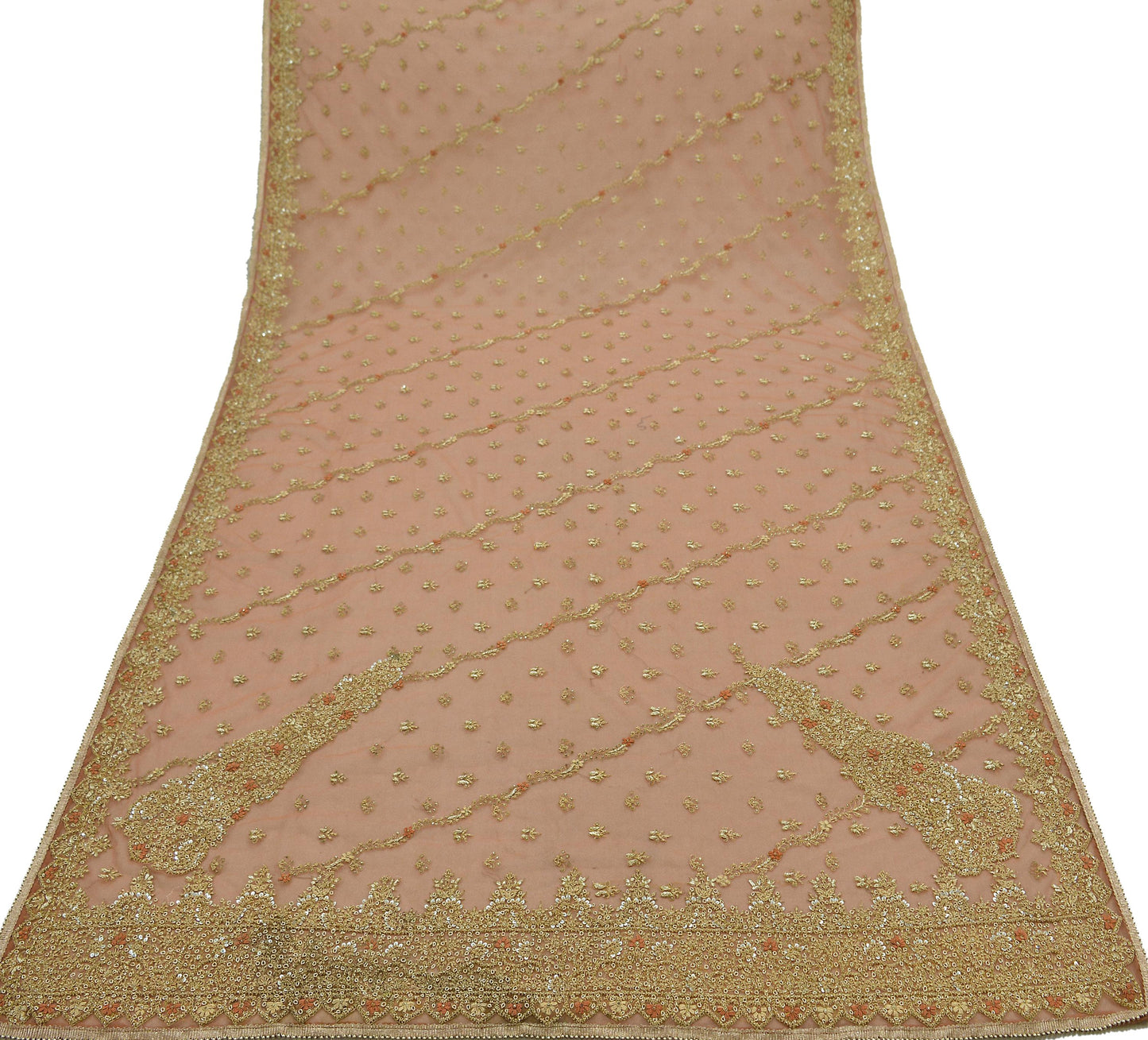 Indian Vintage Heavy Peach Dupatta Net Mesh Long Stole Hand Embroidered Scarf Zardozi Zari Glass Wedding/ Bridal Veil Hijab Scarves