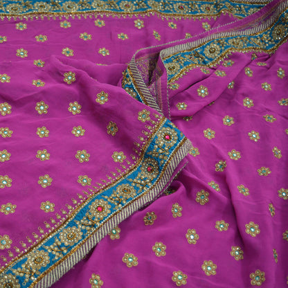 Indian Vintage Heavy Sarees Rani Pink Pure Georgette Silk Hand Embroidered Sari Fabric 5Yd Sewing Ethnic Zardozi/dabka zari Wedding sarees