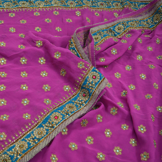 Indian Vintage Heavy Sarees Rani Pink Pure Georgette Silk Hand Embroidered Sari Fabric 5Yd Sewing Ethnic Zardozi/dabka zari Wedding sarees