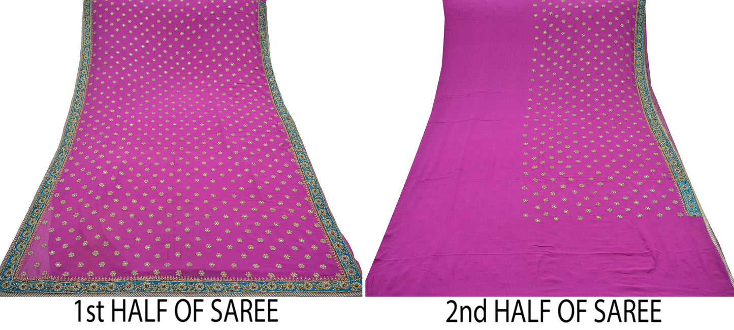 Indian Vintage Heavy Sarees Rani Pink Pure Georgette Silk Hand Embroidered Sari Fabric 5Yd Sewing Ethnic Zardozi/dabka zari Wedding sarees