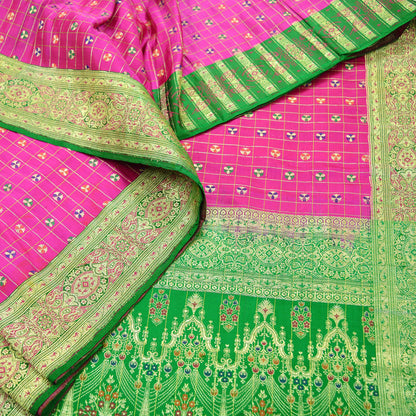 Vintage Sari Rani Pink & Green Heavy Pure Satin Silk Woven Banarasi Brocade Saree Golden Zari 5Yd Dress making Bridal/wedding Sari Crafting