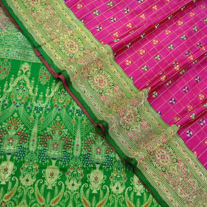 Vintage Sari Rani Pink & Green Heavy Pure Satin Silk Woven Banarasi Brocade Saree Golden Zari 5Yd Dress making Bridal/wedding Sari Crafting