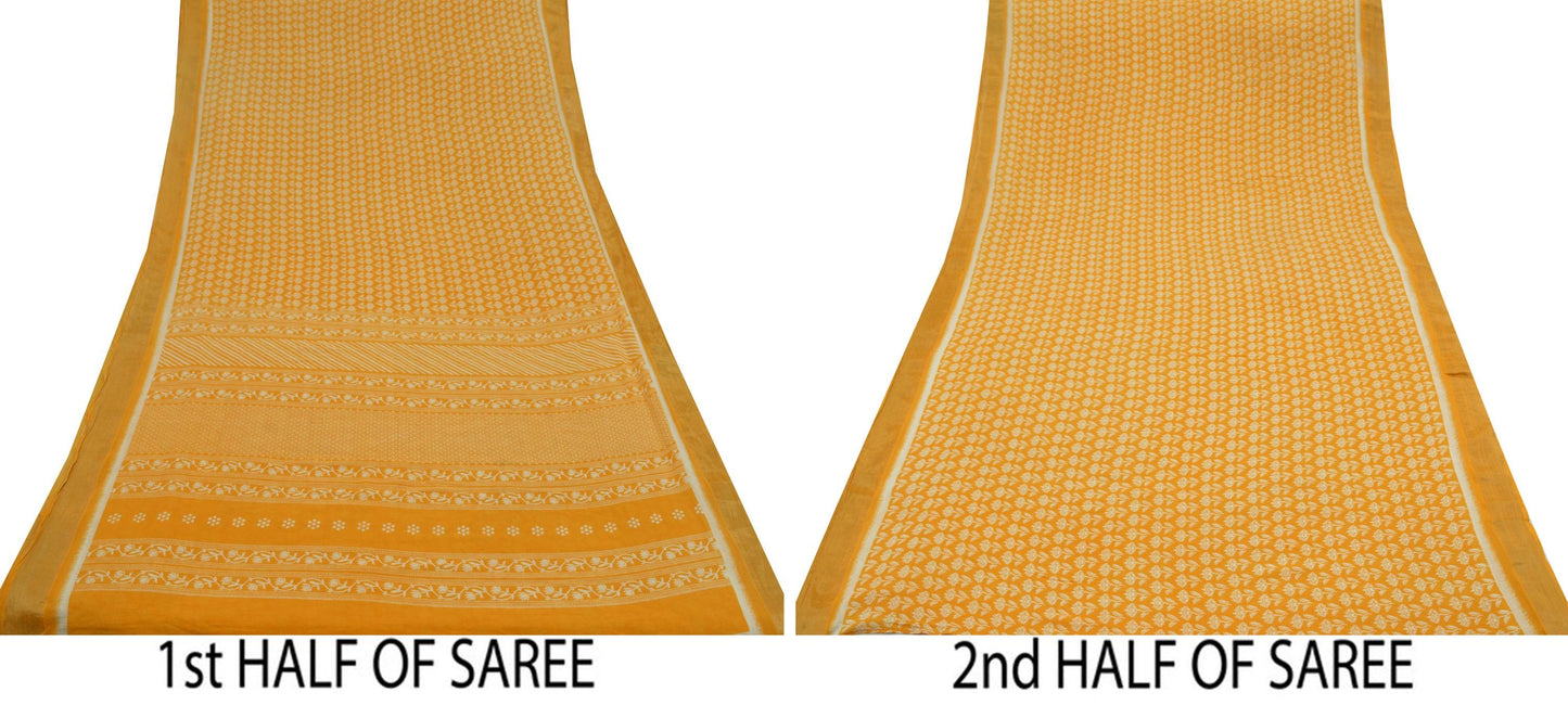 Indian Vintage Sari Yellow Printed 100% Pure Cotton Saree Craft Fabric 5Yd Soft Sewing Sarong Wrap Boho Dress Making Crafting Quilting