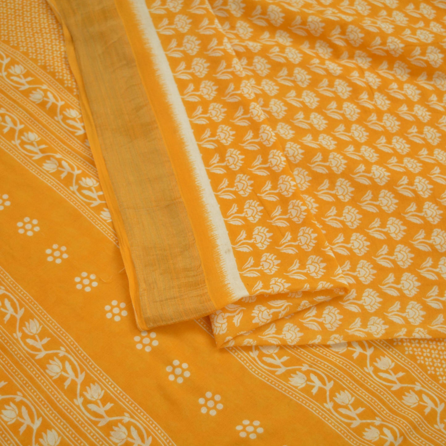 Indian Vintage Sari Yellow Printed 100% Pure Cotton Saree Craft Fabric 5Yd Soft Sewing Sarong Wrap Boho Dress Making Crafting Quilting