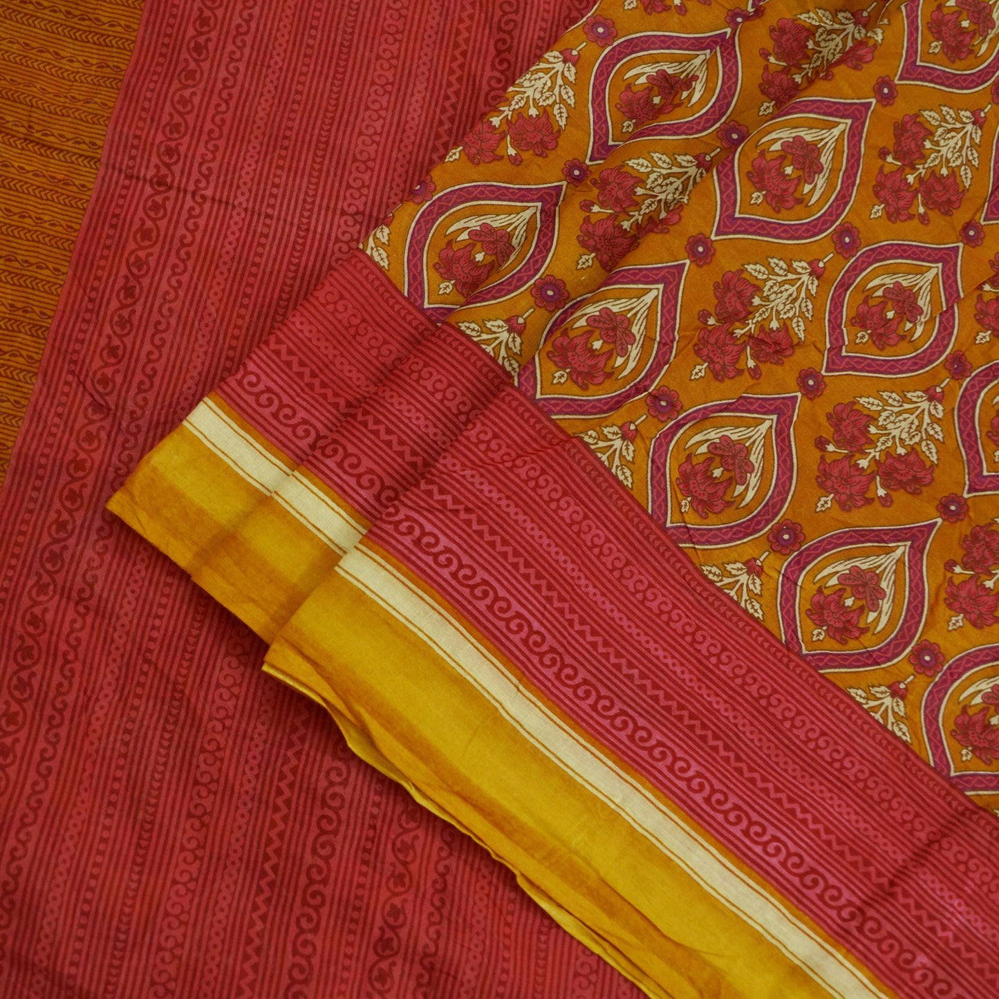 Indian Vintage Sari Mustard & Pink Printed Pure Cotton Sarees Craft Fabric 5Yd Soft Sewing Sarong Wrap Boho Floral Quilting Dress making