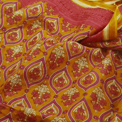 Indian Vintage Sari Mustard & Pink Printed Pure Cotton Sarees Craft Fabric 5Yd Soft Sewing Sarong Wrap Boho Floral Quilting Dress making