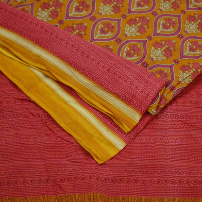 Indian Vintage Sari Mustard & Pink Printed Pure Cotton Sarees Craft Fabric 5Yd Soft Sewing Sarong Wrap Boho Floral Quilting Dress making