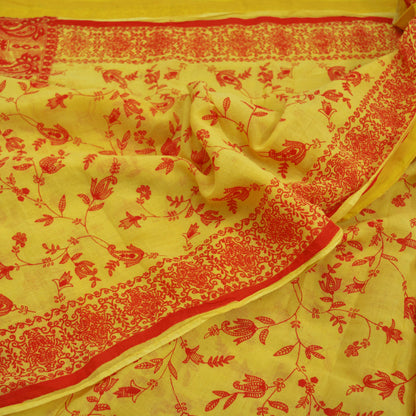 Indian Vintage Sari Orange & Yellow Printed 100% Pure Cotton Saree Craft Fabric 5Yd Soft Sewing Sarong Wrap Boho