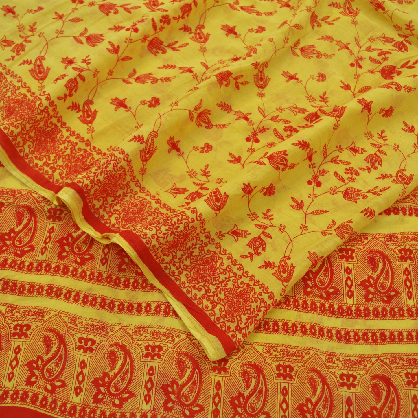 Indian Vintage Sari Orange & Yellow Printed 100% Pure Cotton Saree Craft Fabric 5Yd Soft Sewing Sarong Wrap Boho