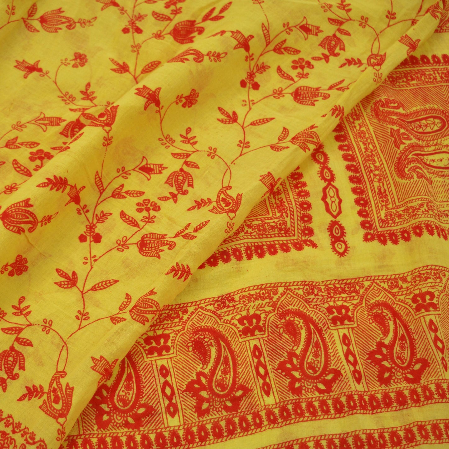 Indian Vintage Sari Orange & Yellow Printed 100% Pure Cotton Saree Craft Fabric 5Yd Soft Sewing Sarong Wrap Boho