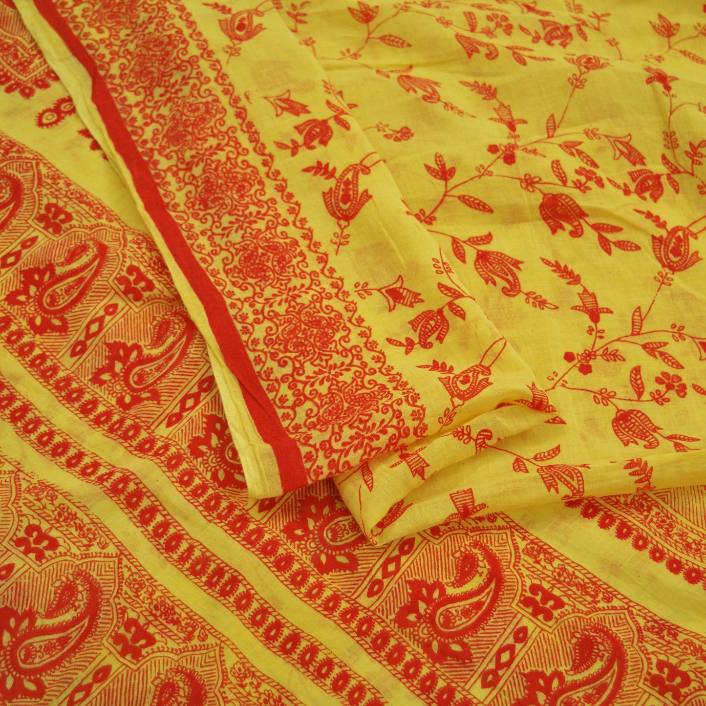 Indian Vintage Sari Orange & Yellow Printed 100% Pure Cotton Saree Craft Fabric 5Yd Soft Sewing Sarong Wrap Boho