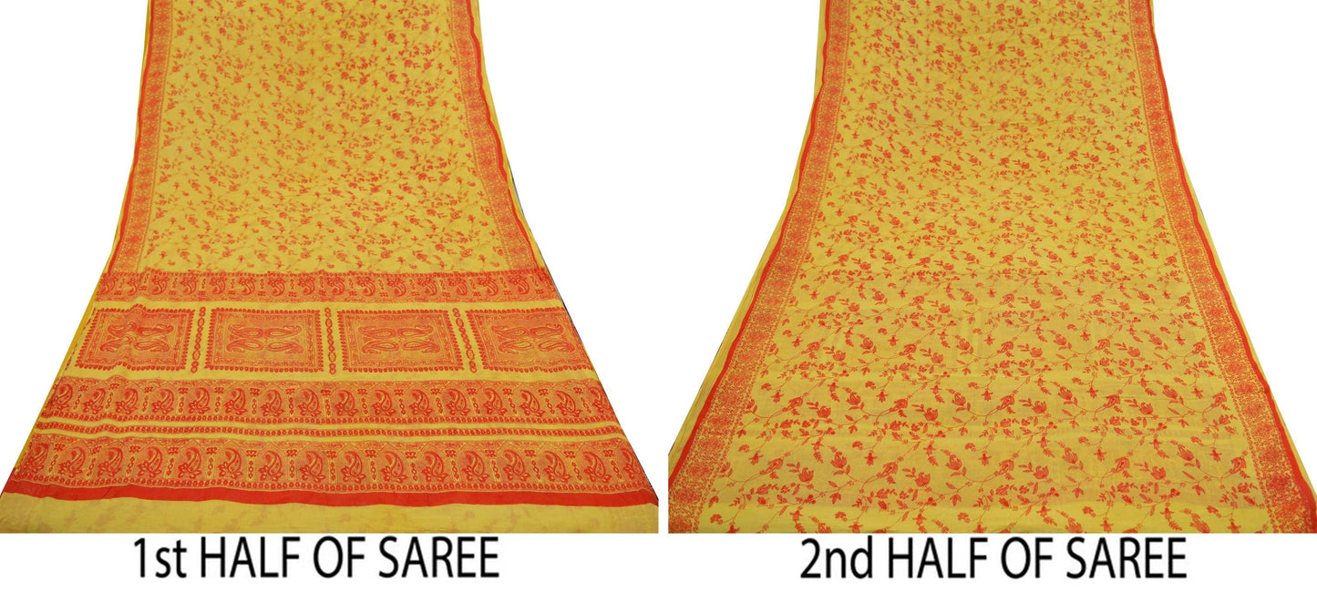 Indian Vintage Sari Orange & Yellow Printed 100% Pure Cotton Saree Craft Fabric 5Yd Soft Sewing Sarong Wrap Boho