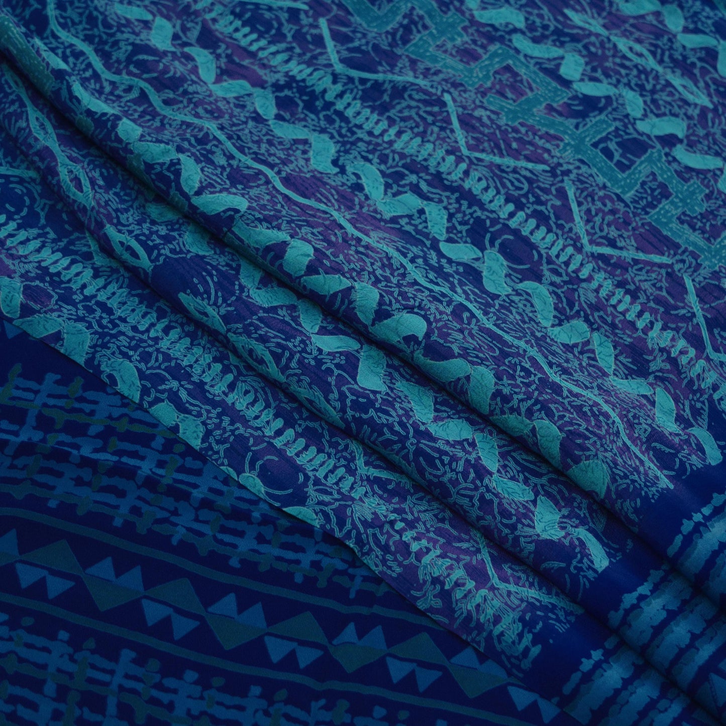 Indian Vintage Blue Saree Pure Crepe Silk Printed Sari 6yd Sewing Abstract Soft Craft Fabric Wrap Dress making Crafting Quilting Upcycle