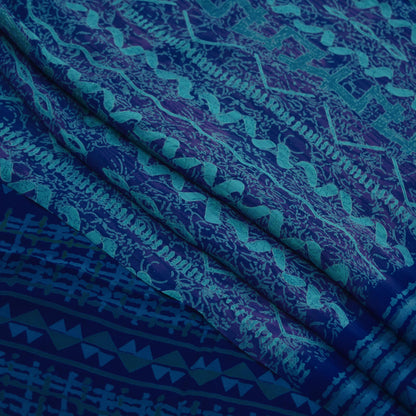 Indian Vintage Blue Saree Pure Crepe Silk Printed Sari 6yd Sewing Abstract Soft Craft Fabric Wrap Dress making Crafting Quilting Upcycle