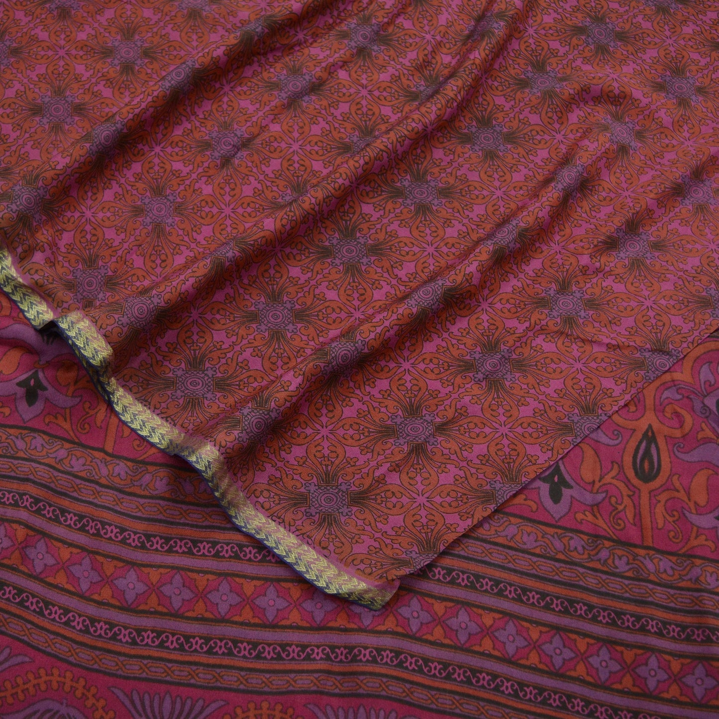 Indian Vintage Sari Pink 100% Pure Silk Woven Printed Sarees 5yd Sewing Craft Fabric DressMaking Zari Border Quilting Upcycle Crafting