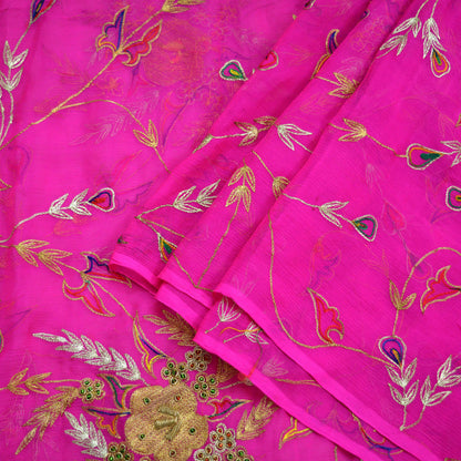 Indian Vintage Rani Pink Dupatta Pure Chiffon silk Long Stole Hand Embroidered Scarves Floral Design Stole Veil Wrap Zari Zardozi