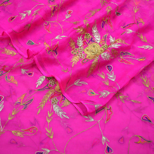 Indian Vintage Rani Pink Dupatta Pure Chiffon silk Long Stole Hand Embroidered Scarves Floral Design Stole Veil Wrap Zari Zardozi