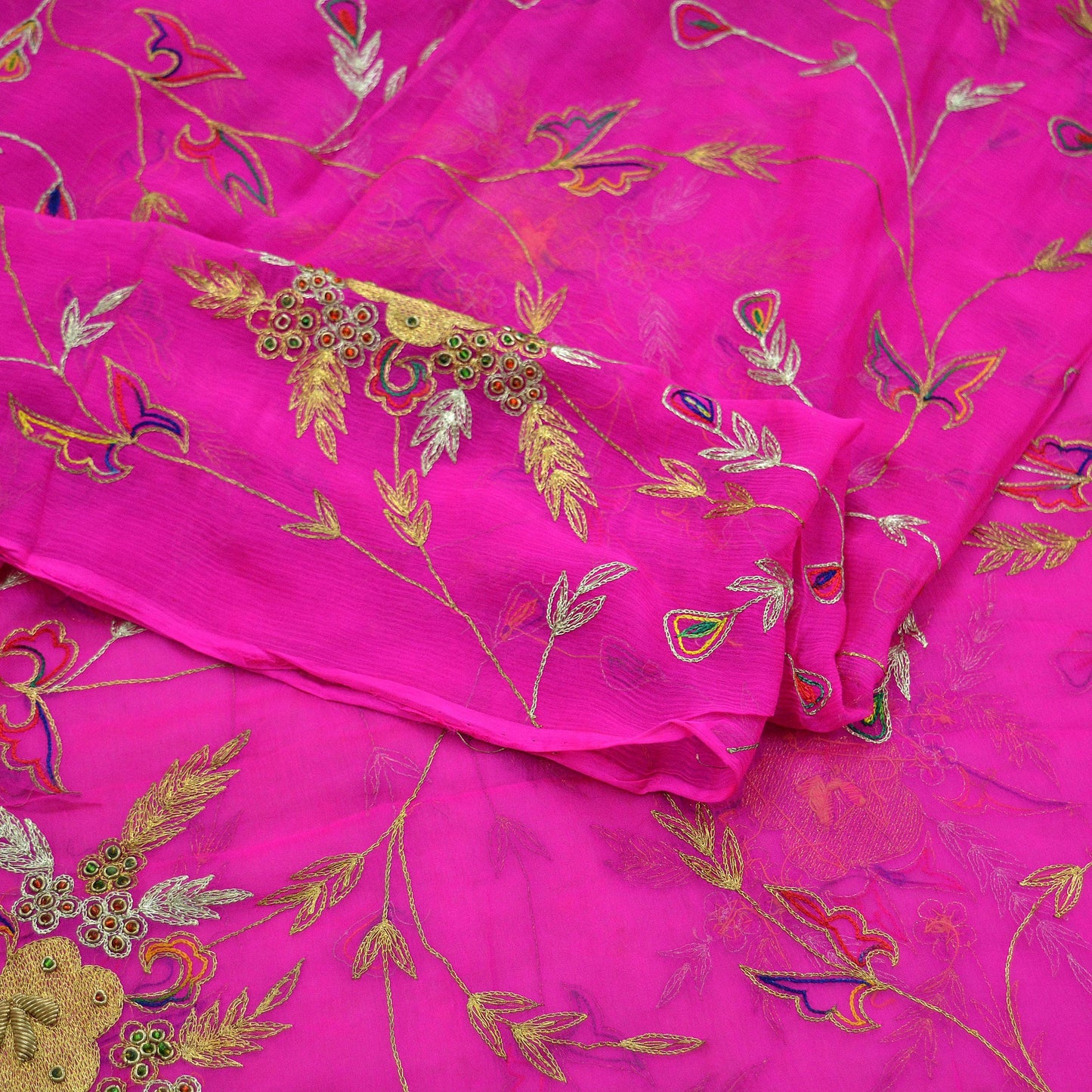 Indian Vintage Rani Pink Dupatta Pure Chiffon silk Long Stole Hand Embroidered Scarves Floral Design Stole Veil Wrap Zari Zardozi