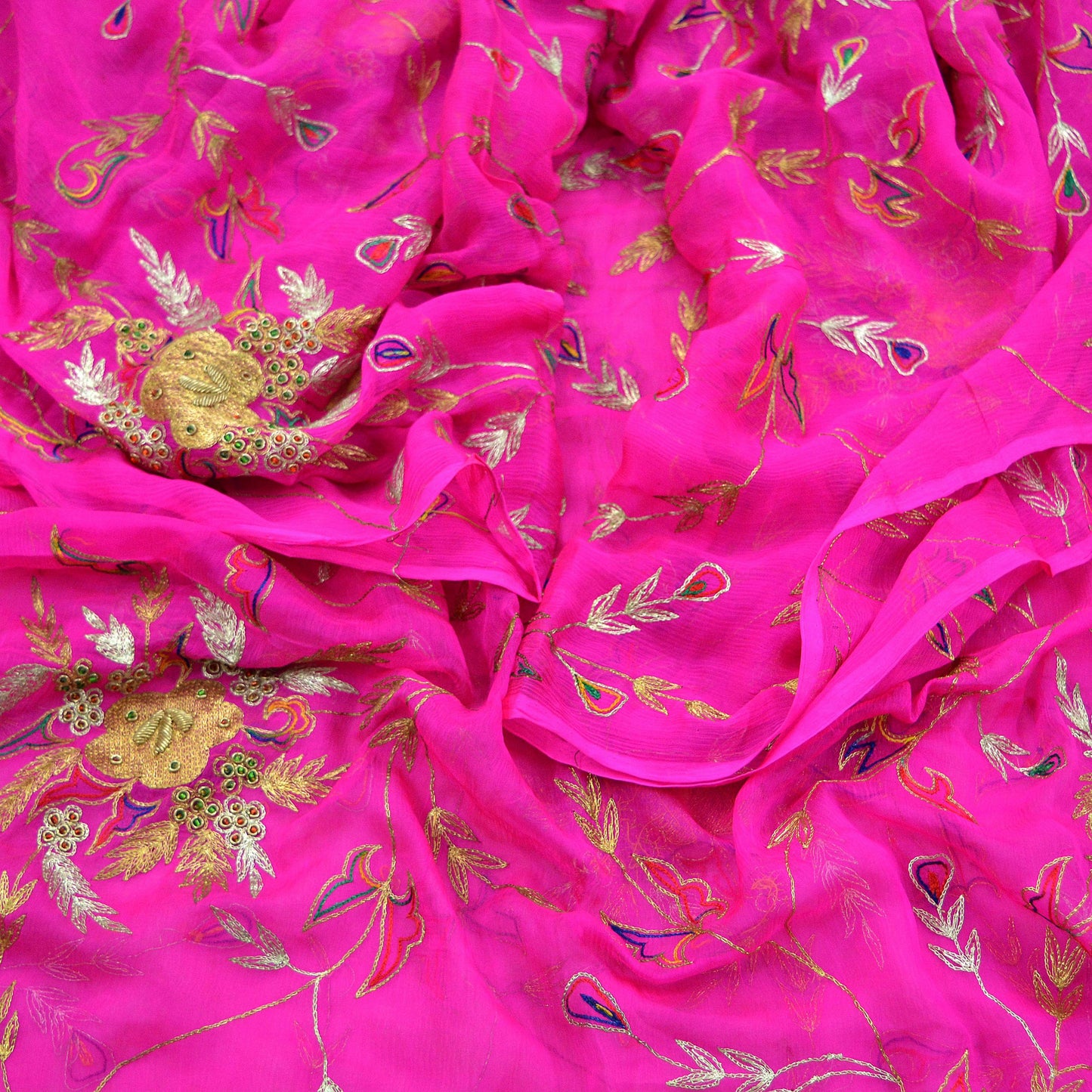 Indian Vintage Rani Pink Dupatta Pure Chiffon silk Long Stole Hand Embroidered Scarves Floral Design Stole Veil Wrap Zari Zardozi