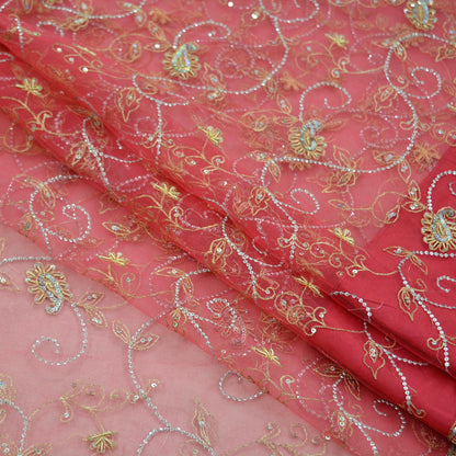 Indian Vintage Heavy Sari Pink Net/Mesh Hand Embroidered Sarees Craft Fabric 6Yd Sewing Soft Zardozi/Dabka Zari Sequins Wedding sarees