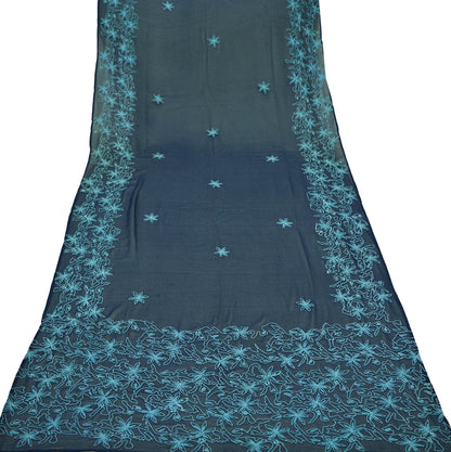 Indian Vintage Blue Dupatta Blend Georgette Long Stole Embroidered Scarves Floral Design Stole Veil Wrap Sequins