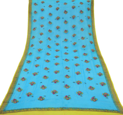 Indian Vintage Dupatta Blue Pure Georgette silk Long Stole Hand Embroidered Scarves Floral Design Stole Veil Wrap