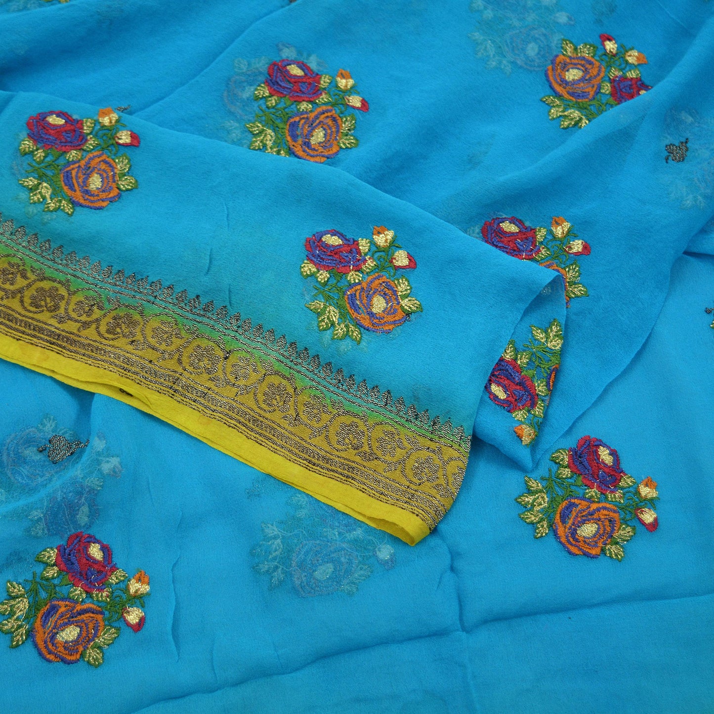 Indian Vintage Dupatta Blue Pure Georgette silk Long Stole Hand Embroidered Scarves Floral Design Stole Veil Wrap