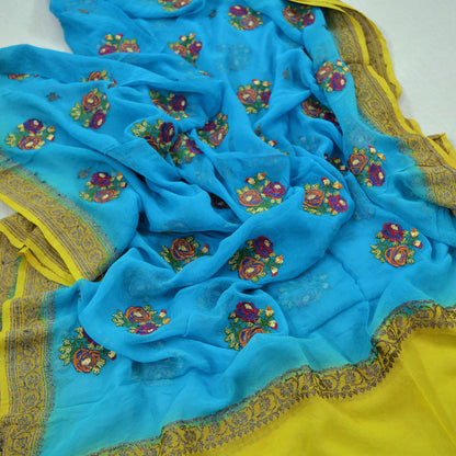 Indian Vintage Dupatta Blue Pure Georgette silk Long Stole Hand Embroidered Scarves Floral Design Stole Veil Wrap