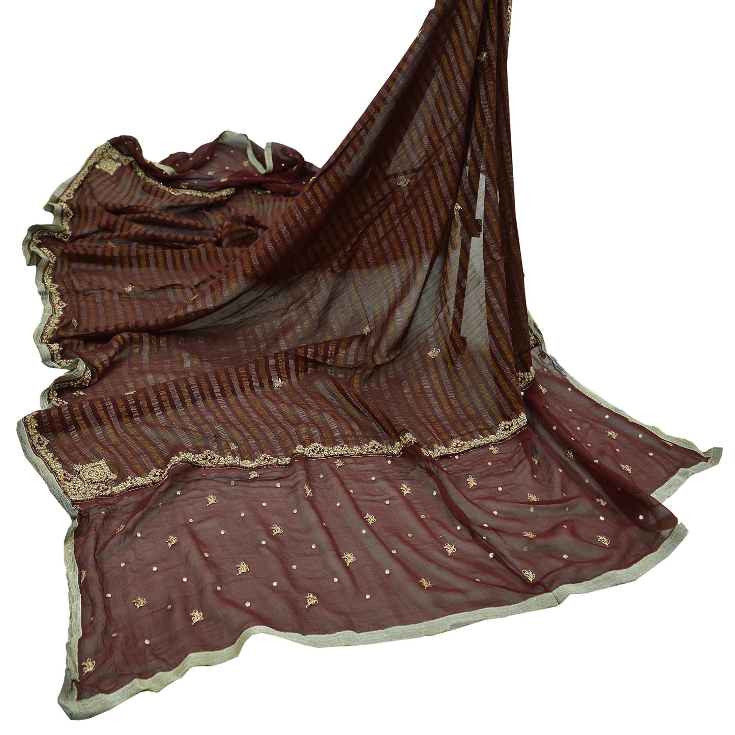 Indian Vintage Dupatta Maroon Pure Georgette silk Long Stole Hand Embroidered Scarves Stole Veil Wrap Sequins Zardozi