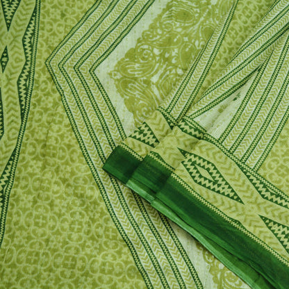 Indian Vintage Sari Green & Ivory Printed Pure Cotton Sarees 5Yd Craft Fabric Soft Sewing Sarong Wrap Boho Upcycle quilting Dress making