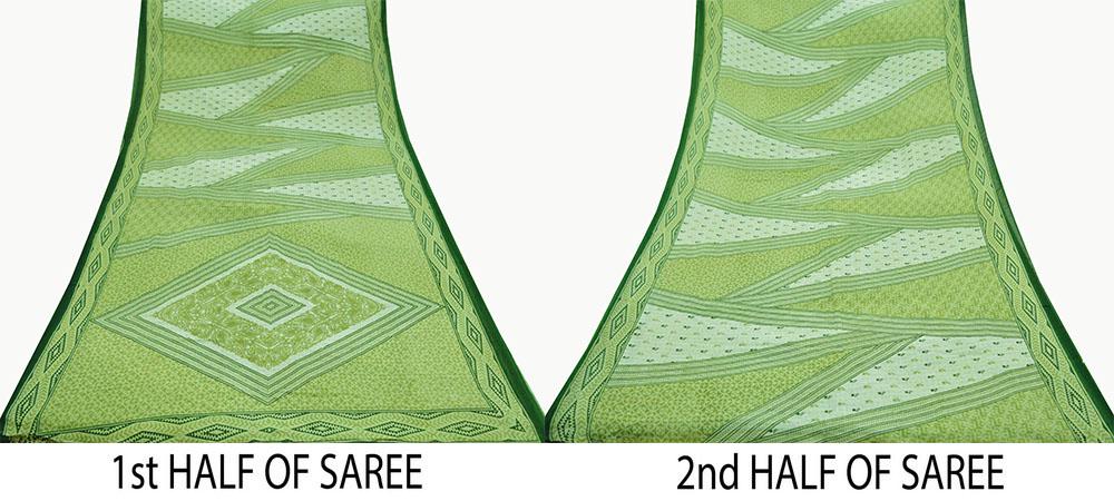 Indian Vintage Sari Green & Ivory Printed Pure Cotton Sarees 5Yd Craft Fabric Soft Sewing Sarong Wrap Boho Upcycle quilting Dress making