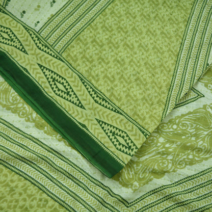 Indian Vintage Sari Green & Ivory Printed Pure Cotton Sarees 5Yd Craft Fabric Soft Sewing Sarong Wrap Boho Upcycle quilting Dress making