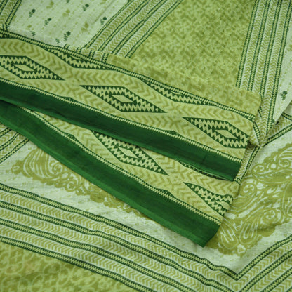 Indian Vintage Sari Green & Ivory Printed Pure Cotton Sarees 5Yd Craft Fabric Soft Sewing Sarong Wrap Boho Upcycle quilting Dress making