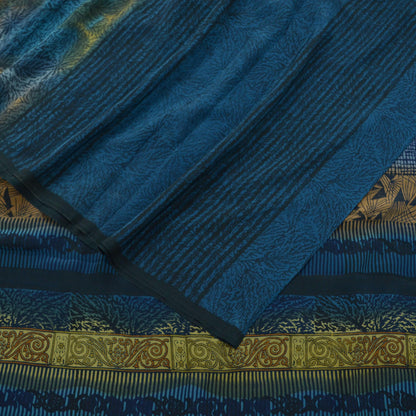 Indian Vintage Sari Blue & Black Pure Crepe Silk Printed Sarees 5yd Sewing Floral Craft Fabric Wrap Quilting Upcycle Crafting Dress making