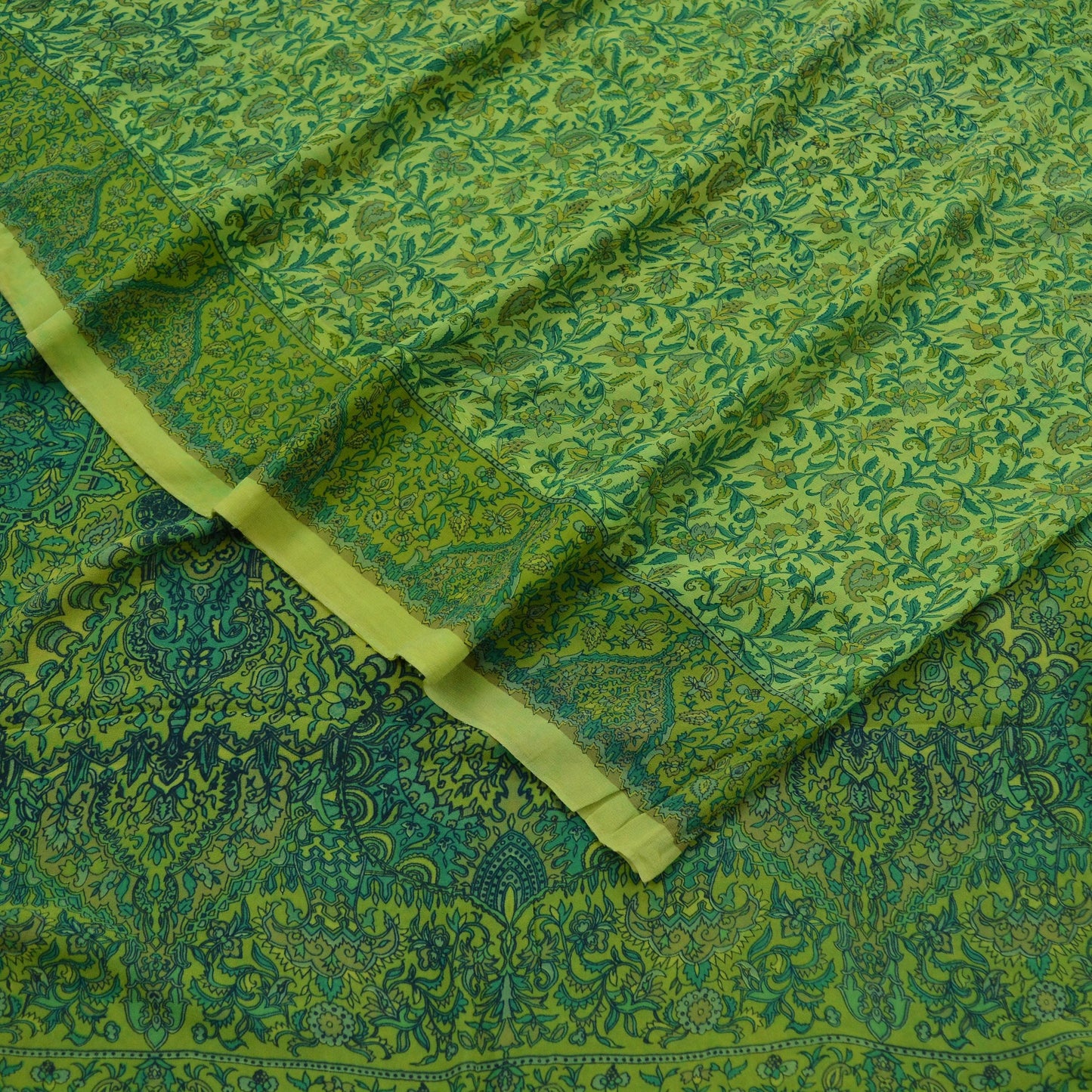 Indian Vintage Sari Green Pure Georgette Silk Block Printed Sarees Craft Fabric Sewing 6Yd Soft Sari Dress Making Crafting Quilting Upcycle