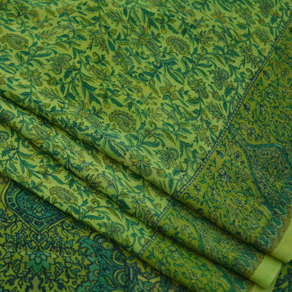 Indian Vintage Sari Green Pure Georgette Silk Block Printed Sarees Craft Fabric Sewing 6Yd Soft Sari Dress Making Crafting Quilting Upcycle