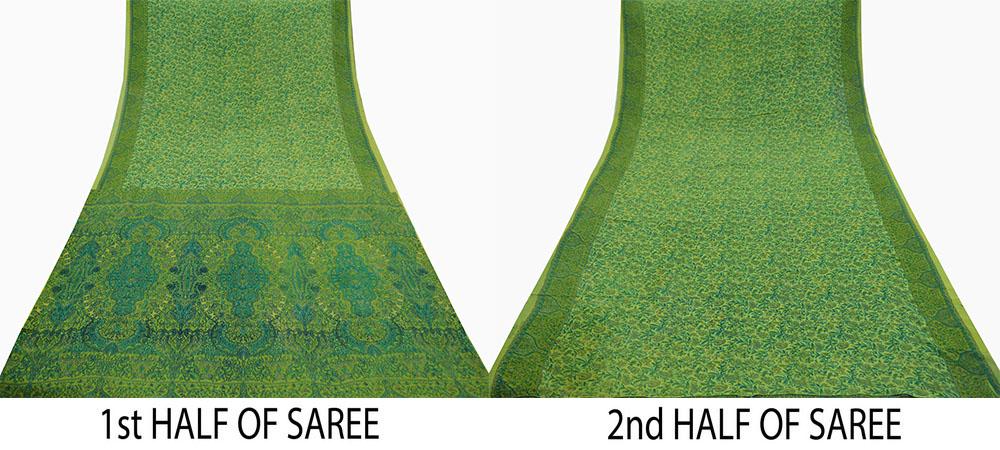 Indian Vintage Sari Green Pure Georgette Silk Block Printed Sarees Craft Fabric Sewing 6Yd Soft Sari Dress Making Crafting Quilting Upcycle