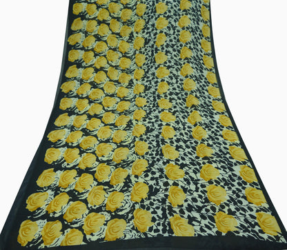 Women Indian Vintage Sari Cream & Black Pure Georgette Silk Printed Sarees Craft Fabric Sewing 5Yd Soft Dress Making Quilting Crafting