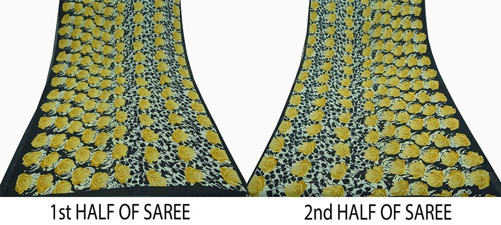 Women Indian Vintage Sari Cream & Black Pure Georgette Silk Printed Sarees Craft Fabric Sewing 5Yd Soft Dress Making Quilting Crafting