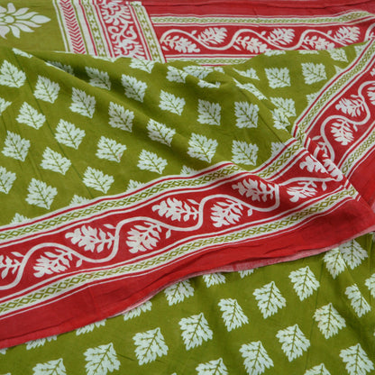 Indian Vintage Sari Green & White Printed Pure Cotton Saree Craft Fabric 5Yd Soft Sewing Sarong Wrap Boho Geometric Upcycle used Quilting