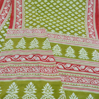 Indian Vintage Sari Green & White Printed Pure Cotton Saree Craft Fabric 5Yd Soft Sewing Sarong Wrap Boho Geometric Upcycle used Quilting